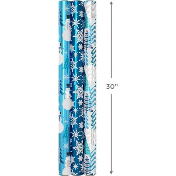 Blue Foil Christmas Wrapping Paper with Cut Lines on Reverse, 3 Rolls:60 sq. ft. - Picture 3 of 7